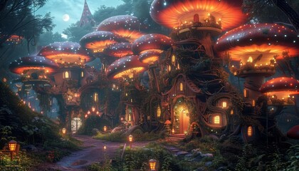 A whimsical scene of a fairy village nestled in giant mushrooms, with tiny glowing lights and magical creatures, Fantasy, Digital Art, Vibrant colors, High detail
