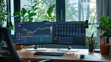 Sleek office workstation with multiple screens displaying data