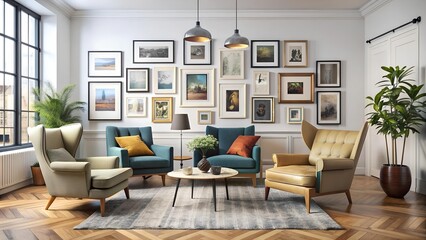 Eclectic Living Room with Mismatched Armchairs and a Gallery Wall  Generative AI