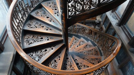 Fototapeta premium Spiral staircase with intricate metalwork and glass steps