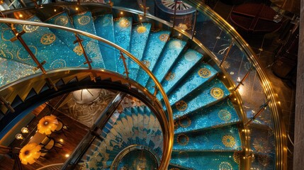 Fototapeta premium Spiral staircase with intricate metalwork and glass steps