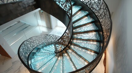 Fototapeta premium Spiral staircase with intricate metalwork and glass steps
