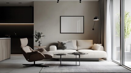 Modern Living Room with White Couch, Brown Chair, and Black Table