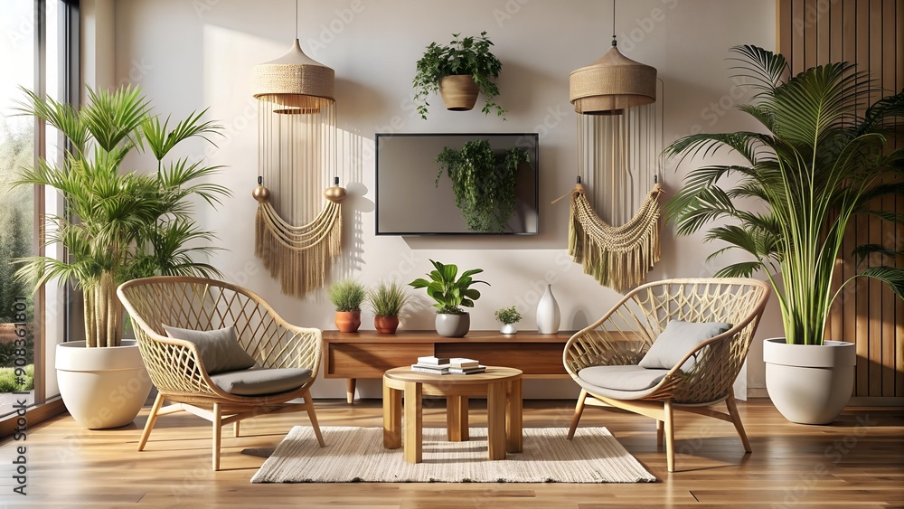 Wall mural Bohemian Living Room with Macrame Plant Hangers and Woven Armchairs  Generative AI