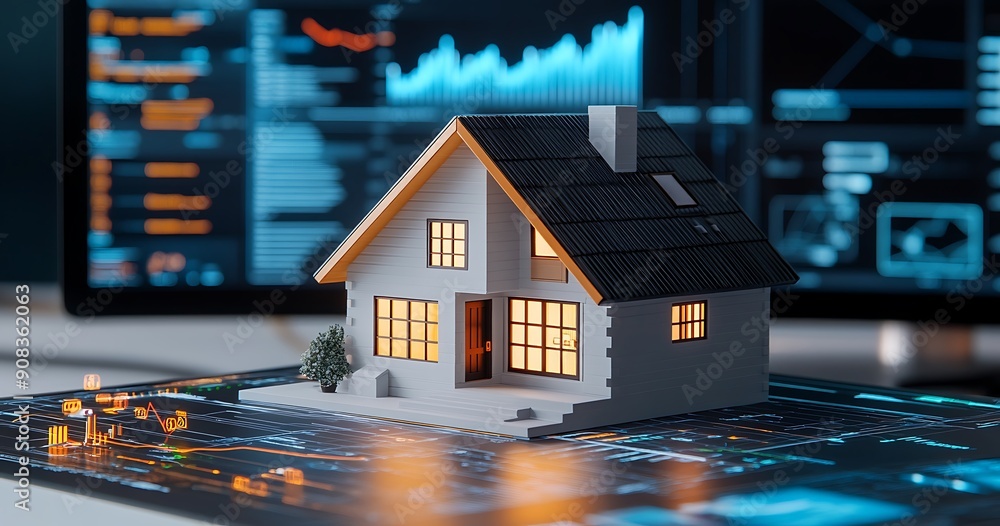 Poster a miniature house model on a digital interface with charts and graphs in the background
