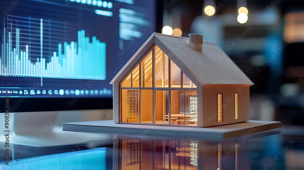 Poster illuminated model house on a table with a computer monitor in the background