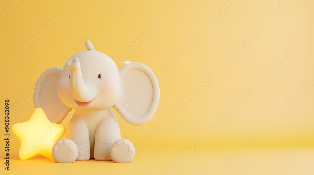 Wall mural A cute cartoon elephant with a glowing star on a yellow background.