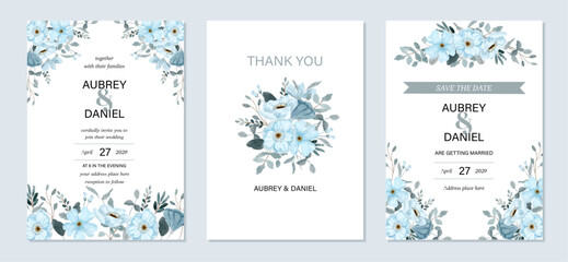 wedding invitation set with blue floral watercolor background