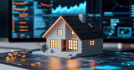A Miniature House Model on a Digital Interface with Charts and Graphs in the Background