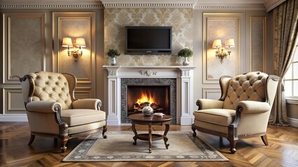 Traditional Living Room with Ornate Furniture and a Statement Fireplace  Generative AI