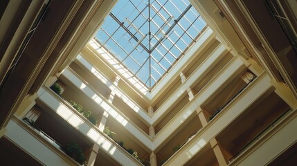 Obraz premium Symmetrical atrium with natural light filtering through a glass roof