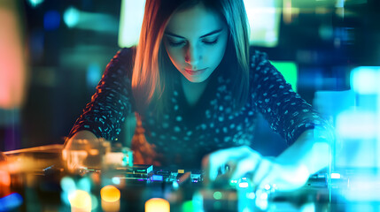 Tech Professionals in Beta Testing, with Focus on a Woman Adjusting Device Settings