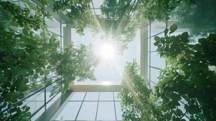 Symmetrical atrium with natural light filtering through a glass roof