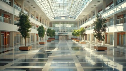 Symmetrical atrium with natural light filtering through a glass roof