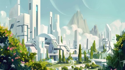 Urban landscape with mix of futuristic and classical architecture