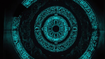 Fototapeta premium teal glowing magic circle in black background abstract background backdrop design copy space illustration art