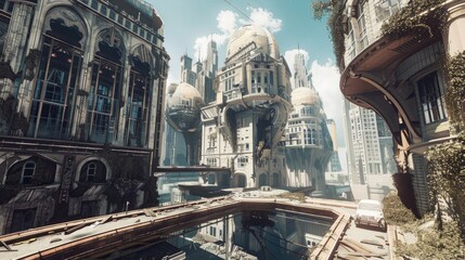 Urban landscape with mix of futuristic and classical architecture