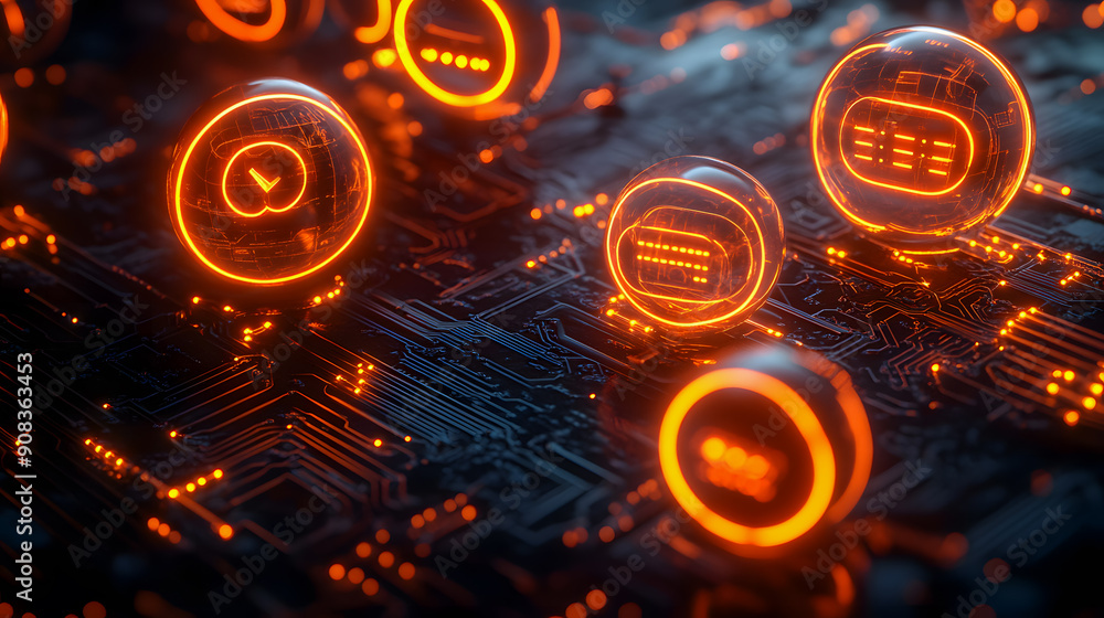 Poster glowing digital spheres and neon lit circuit board elements create a futuristic high tech background