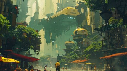 Urban landscape with mix of futuristic and classical architecture