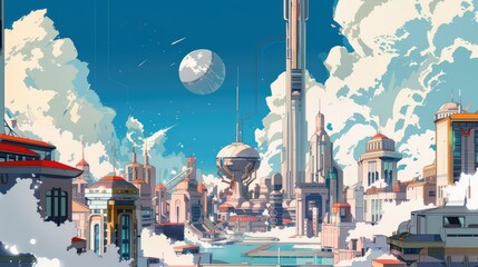 Urban landscape with mix of futuristic and classical architecture