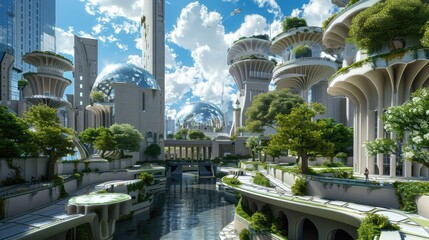Urban landscape with mix of futuristic and classical architecture