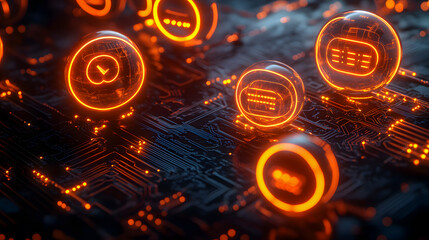 Glowing digital spheres and neon lit circuit board elements create a futuristic high tech background  The image represents the concept of technology innovation and the digital world of the future