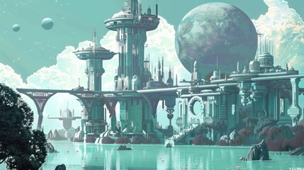 Urban landscape with mix of futuristic and classical architecture
