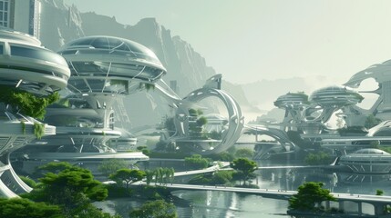 Urban landscape with mix of futuristic and classical architecture