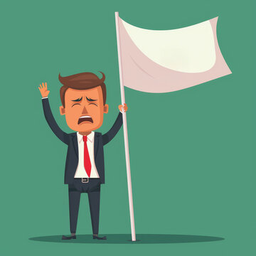 recommend clip art: A cartoon businessman holding a white flag, expressing surrender or defeat against a solid green background.