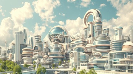 Urban landscape with mix of futuristic and classical architecture