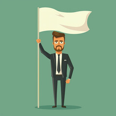 Illustration of a cartoon businessman in a suit holding a white flag, symbolizing surrender or giving up
