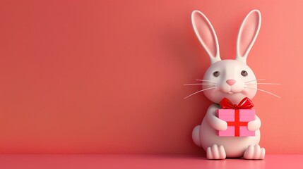 Obraz premium A cute cartoon bunny holding a pink gift box on a pink background.
