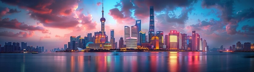 Obraz premium An urban skyline at dusk with skyscrapers illuminated by city lights, reflections on the water, and a vibrant sky, Photography, High detail, Dynamic cityscape
