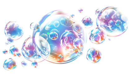 Floating rainbow soap bubbles isolated on transparent background