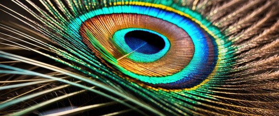Obraz premium A macro shot showcasing the vibrant, iridescent colors of a peacock feather's eye
