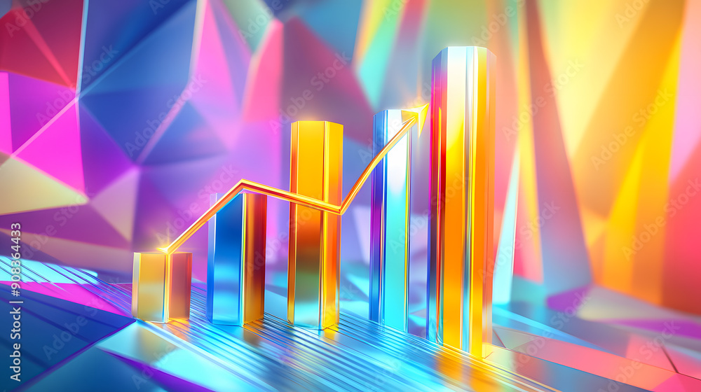 Poster vibrant abstract digital composition with three dimensional geometric shapes colorful prisms and bar