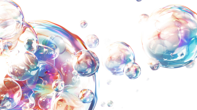 Floating rainbow soap bubbles isolated on transparent background
