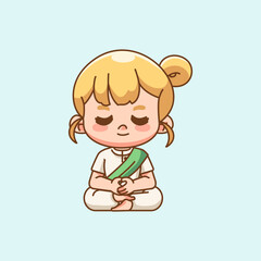 Cute girl meditation yoga kawaii chibi character mascot illustration outline style design