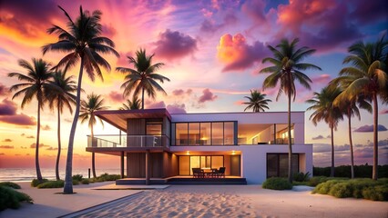 Obraz premium Sunset Hues on the Sandy Shore: A Coastal Retreat with Vibrant Tones Generative AI