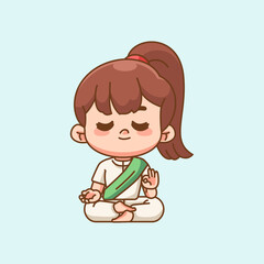 Cute girl meditation yoga kawaii chibi character mascot illustration outline style design