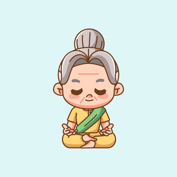 recommend clip art: Cute grandma meditation yoga kawaii chibi character mascot illustration outline style design