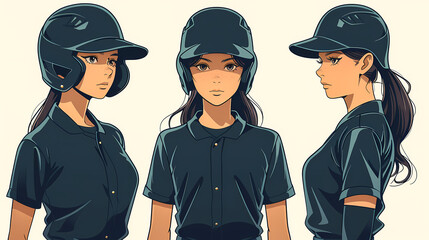 Young female athlete is posing in a baseball uniform and helmet