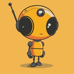 Fototapeta premium Cute yellow cartoon robot with big eyes and antenna on a vibrant orange background.