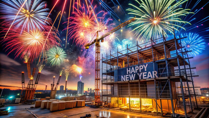 Colorful fireworks explode in the night sky above a construction site, surrounded by scaffolding and cranes, with a giant Happy New Year banner draped across.