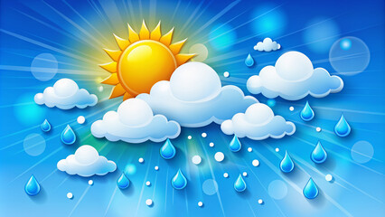Vibrant colorful illustration of a sunny day with fluffy white clouds, bright blue sky, and a stylized weather forecast icon set with rain, wind, and temperature.
