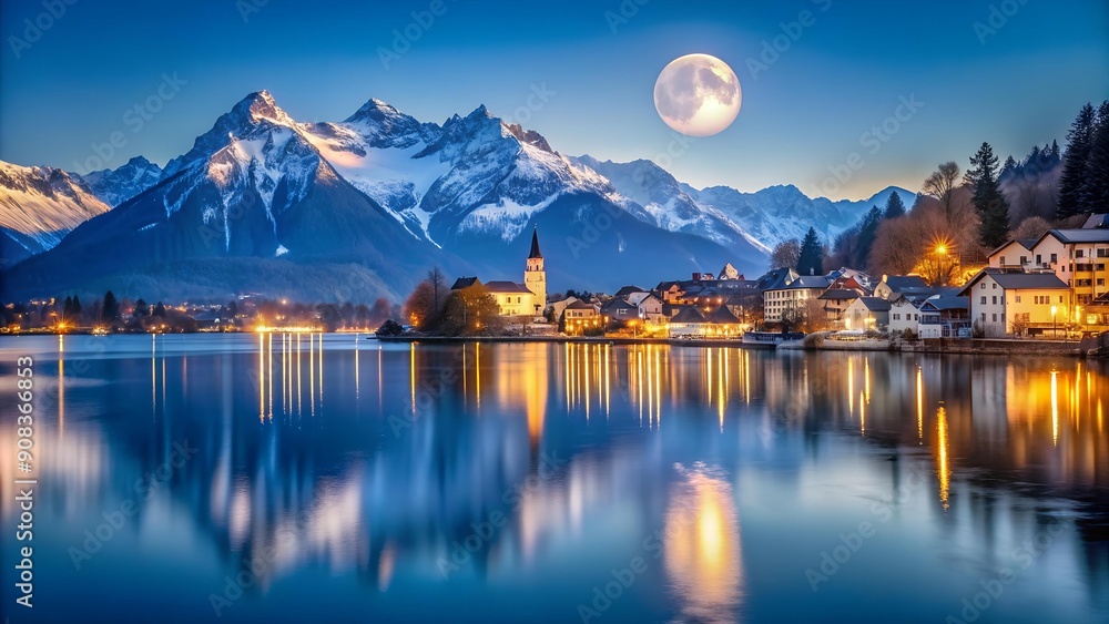 Canvas Prints Celestial Reflections: A Moonlit European Town  Generative AI