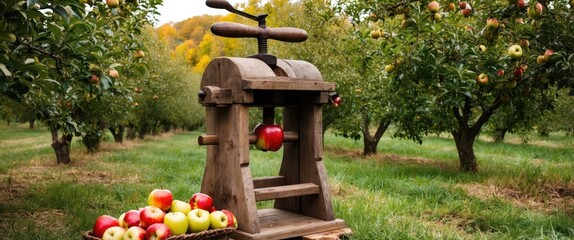 Rustic apple press in an orchard during harvest time, symbolizing fall bounty
