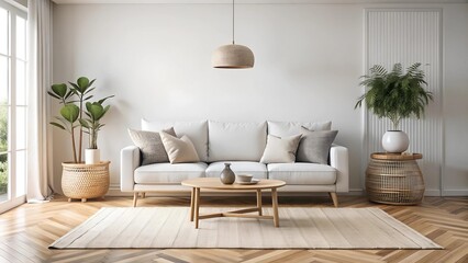 Fototapeta premium Serene Scandinavian Living Room with a Plush White Sofa and Minimalist Decor Generative AI