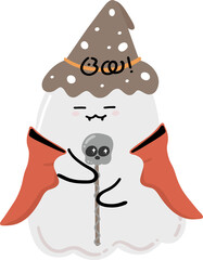 Cute Halloween ghost with skull walking stick cartoon