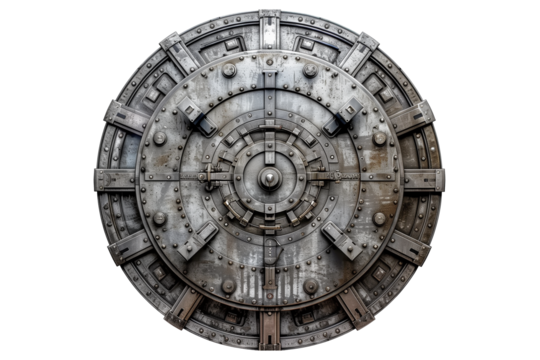 Steel bank vault door for safe storage isolated on transparent background
